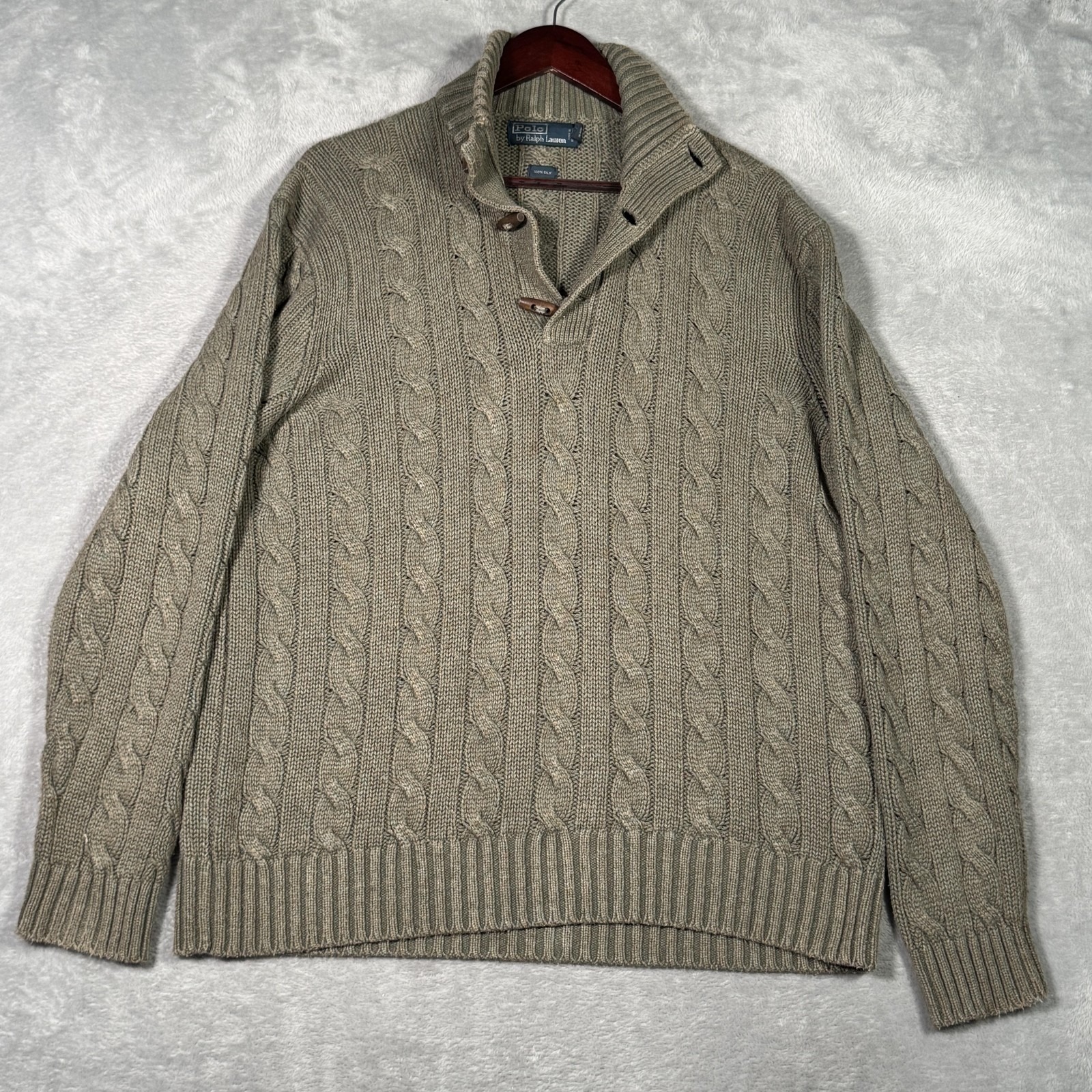 Vintage Polo Ralph Lauren Sweater Mens Xl Tan 100% Silk Cable Knit Shawl 90s